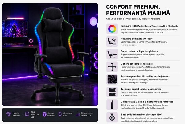 Scaun Gaming cu RGB, Iluminare LED Multicolor, Telecomanda, Cotiere 3D, Reclinare 180°, Suport Picioare, Catifea, Negru