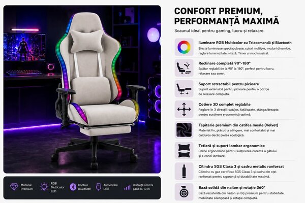 Scaun Gaming cu RGB, Iluminare LED Multicolor, Telecomanda, Cotiere 3D, Reclinare 180°, Suport Picioare, Catifea, Gri