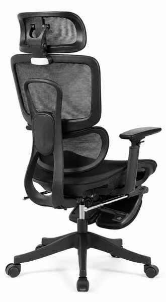 Scaun Ergonomic Premium Mesh cu Suport pentru Picioare, Reclinare 145°, Tetieră Reglabilă, Cotiere 3D, Suport Lombar Elastic și Șezut cu adâncime reglabilă, Negru