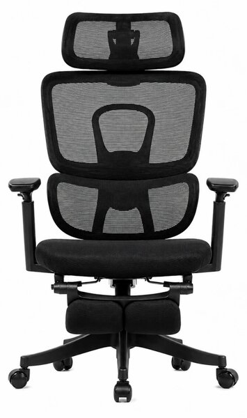 Scaun Ergonomic Premium cu Suport pentru Picioare, Reclinare 145°, Tetieră Reglabilă, Cotiere 3D, Suport Lombar Elastic și Șezut cu adâncime reglabilă, Negru