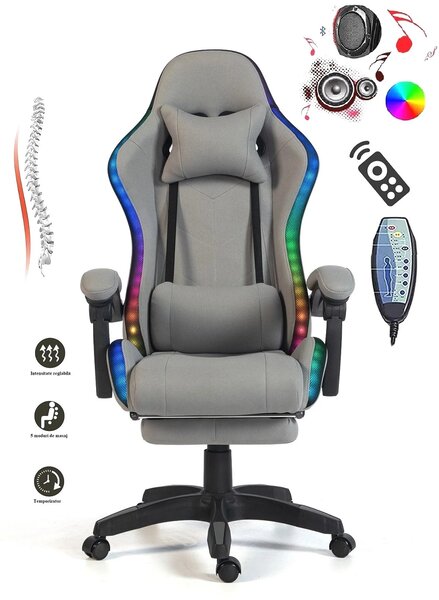 RESIGILAT- ALFORD Scaun gaming cu Masaj in 5 puncte, Perna lombara cu Masaj, Sistem iluminare banda LED RGB, Boxe Bluetooth, suport picioare, textil, Gri