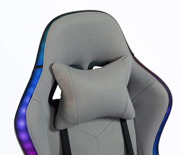 RESIGILAT- ALFORD Scaun gaming cu Masaj in 5 puncte, Perna lombara cu Masaj, Sistem iluminare banda LED RGB, Boxe Bluetooth, suport picioare, textil, Gri