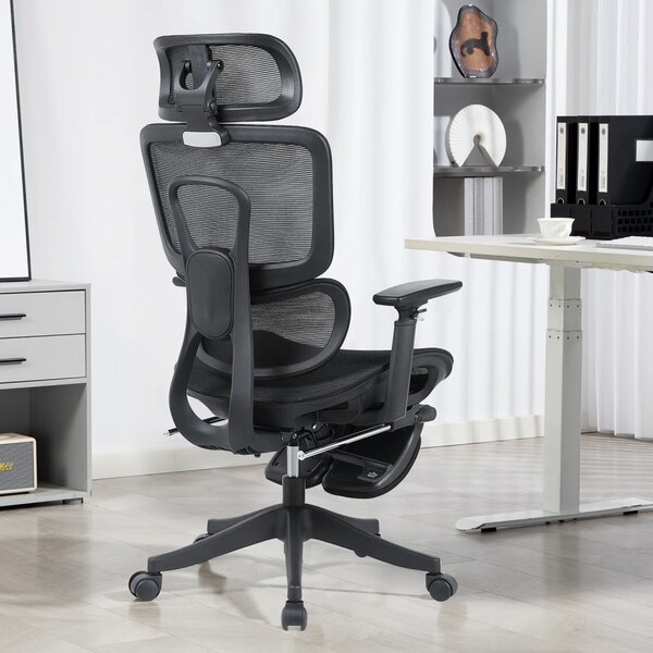 Scaun Ergonomic Premium Mesh cu Suport pentru Picioare, Reclinare 145°, Tetieră Reglabilă, Cotiere 3D, Suport Lombar Elastic și Șezut cu adâncime reglabilă, Negru