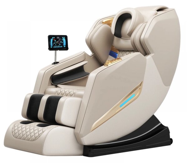 Fotoliu de masaj SULPICIUS, AI voce, Incalzire, Bluetooth, Display, Ecran tactil, Controler rapid cotiera, Zero Gravity, 2 Boxe, Moduri Automate, Suport Picioare extensibil, Piele PU Premium, Bej
