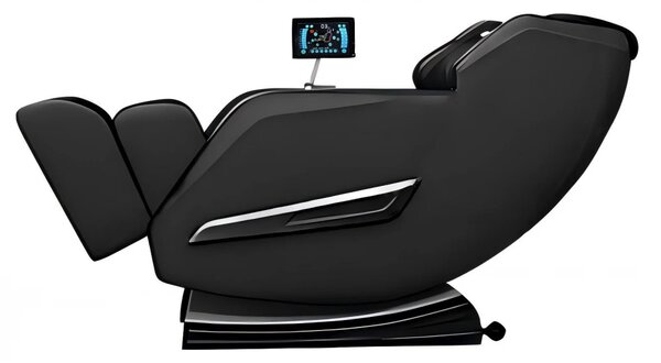 Fotoliu de Masaj FAUSTUS, AI voce, Incalzire, Bluetooth, Display, Ecran tactil, Controler rapid cotiera, Zero Gravity, 2 Boxe, Moduri Automate, Suport Picioare extensibil, PU, Negru