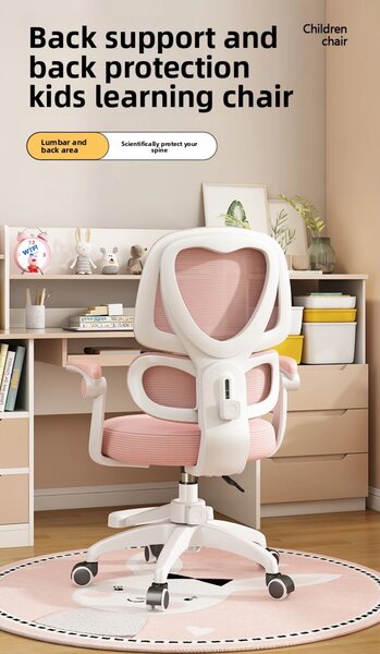 ErgoKids Flexi 608 – Scaun Ergonomic pentru Copii Reglabil, Spatar Dublu cu Suport Lombar, Cotiere Rabatabile, Suport pentru Picioare, Alb/Roz