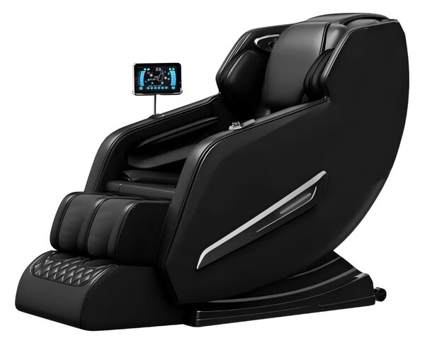 Fotoliu de Masaj FAUSTUS, AI voce, Incalzire, Bluetooth, Display, Ecran tactil, Controler rapid cotiera, Zero Gravity, 2 Boxe, Moduri Automate, Suport Picioare extensibil, PU, Negru