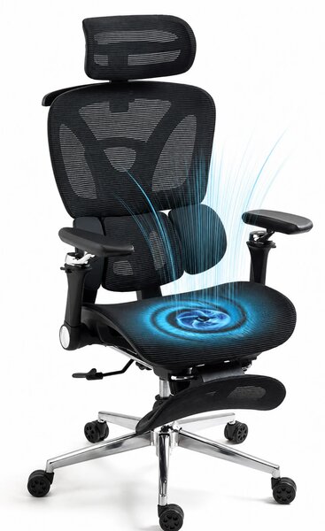 METACHAIR DORO VENT Scaun ergonomic, sezut cu ventilatie, suport lombar dinamic, spătar reglabil înălțime, cotiere 6D, tetieră 2D, suport picioare, mecanism multifunctional inclinare/blocare, pivotant, Mesh, Negru