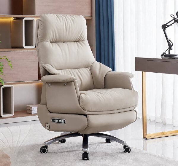 Royal Executive AeroComfort P189 – Scaun Executiv Premium din Piele Naturală, Reclinabil Electric, Încălzire, Ventilație și Masaj Airbag, Suport pentru Picioare, 150 kg, Ivory