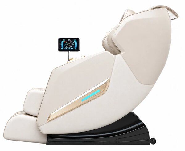 Fotoliu de masaj SULPICIUS, AI voce, Incalzire, Bluetooth, Display, Ecran tactil, Controler rapid cotiera, Zero Gravity, 2 Boxe, Moduri Automate, Suport Picioare extensibil, Piele PU Premium, Bej
