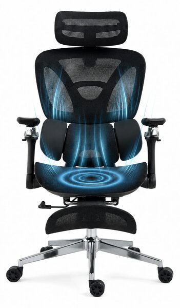 METACHAIR DORO VENT Scaun ergonomic, sezut cu ventilatie, suport lombar dinamic, spătar reglabil înălțime, cotiere 6D, tetieră 2D, suport picioare, mecanism multifunctional inclinare/blocare, pivotant, Mesh, Negru