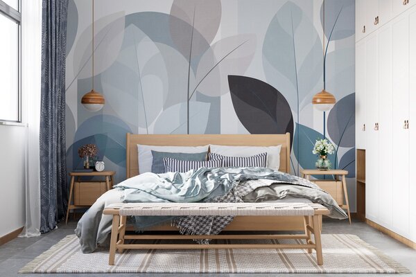 Tapet un model abstract cu frunze, realizat într-un stil de țesătură mată, în nuanțe de albastru, Imagini de fundal unice, w05986v2 : Uwalls.ro