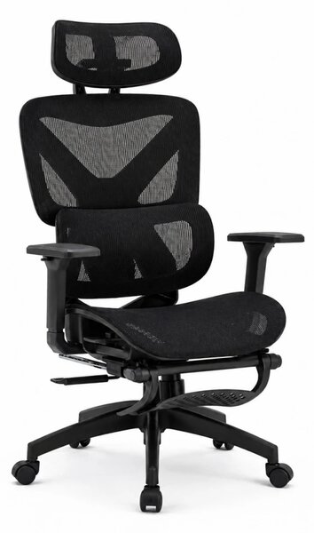 Scaun ergonomic, functie translatie sezut, cotiere 3D, tetiera 3D, suport lombar Adaptive, pivotant, suport picioare, Negru