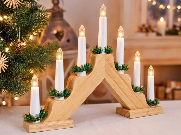 Suport pentru lumanari de Craciun de fereastra HOLLY NIGHT din lemn 7 LED, alb