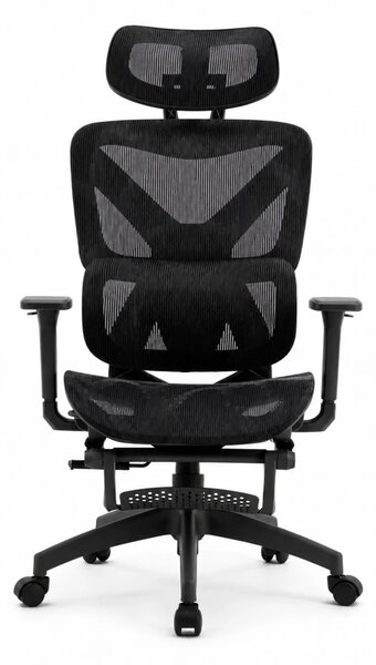 Scaun ergonomic, functie translatie sezut, cotiere 3D, tetiera 3D, suport lombar Adaptive, pivotant, suport picioare, Negru