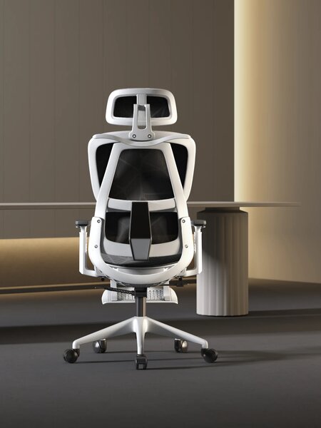 Scaun ergonomic, functie translatie sezut, cotiere reglabile 3D, tetiera 3D, suport lombar 3D Adaptive, pivotant, suport picioare, Alb/Negru
