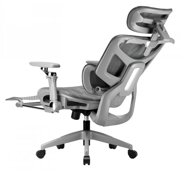 RESIGILAT- Scaun ergonomic, translatie sezut, cotiere 6D, tetiera 3D, suport lombar reglabil, pivotant, suport pentru picioare, Gri