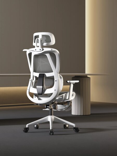 Scaun ergonomic, functie translatie sezut, cotiere reglabile 3D, tetiera 3D, suport lombar 3D Adaptive, pivotant, suport picioare, Alb/Gri