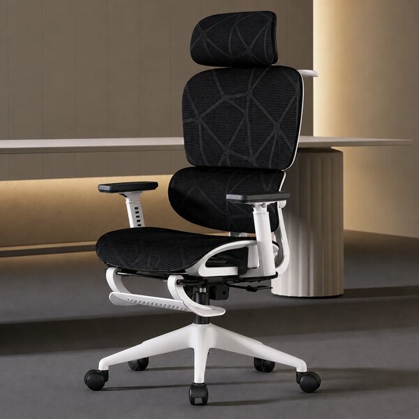 VÉRION PRO MESH – Scaun ergonomic, functie translatie sezut, cotiere reglabile 3D, tetiera 3D, suport lombar reglabil, spătar reglabil inaltime, pivotant, suport picioare, Alb/Negru