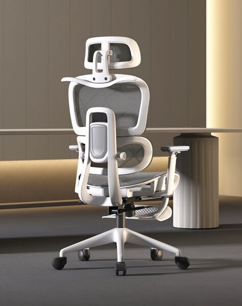 VÉRION PRO MESH – Scaun ergonomic, functie translatie sezut, cotiere reglabile 3D, tetiera 3D, suport lombar reglabil, spătar reglabil inaltime, pivotant, suport picioare, Alb/Gri