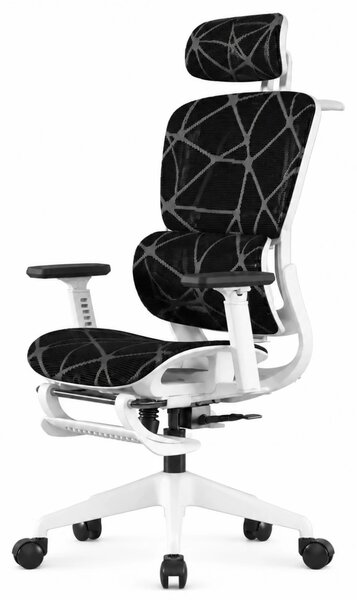 Scaun ergonomic, functie translatie sezut, cotiere reglabile 3D, tetiera 3D, suport lombar 3D Adaptive, pivotant, suport picioare, Alb/Negru