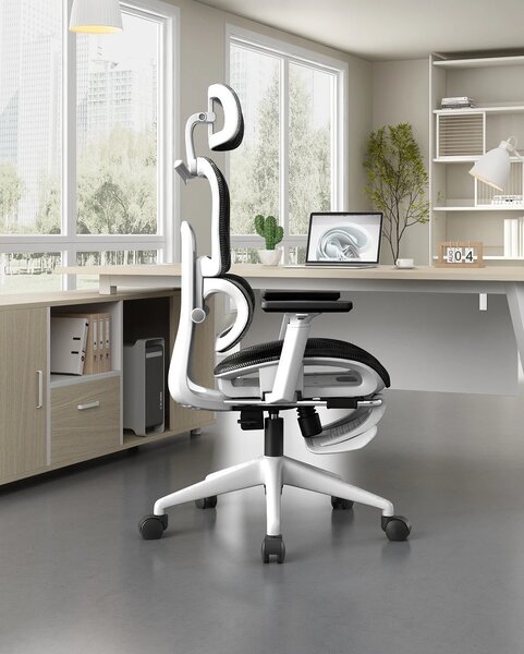 VÉRION PRO MESH – Scaun ergonomic, functie translatie sezut, cotiere reglabile 3D, tetiera 3D, suport lombar reglabil, spătar reglabil inaltime, pivotant, suport picioare, Alb/Negru