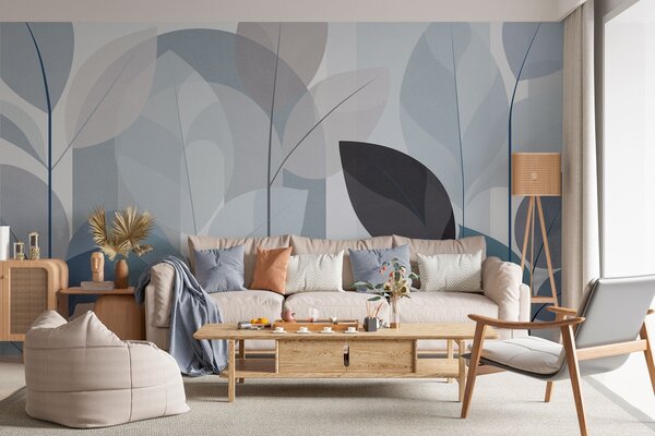 Tapet un model abstract cu frunze, realizat într-un stil de țesătură mată, în nuanțe de albastru, Imagini de fundal unice, w05986v2 : Uwalls.ro