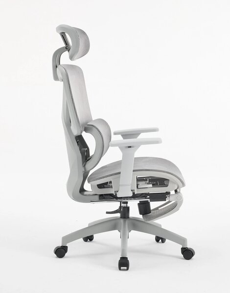 Scaun ergonomic, functie translatie sezut, cotiere 3D, tetiera 3D, suport lombar Adaptive, pivotant, suport picioare, Gri