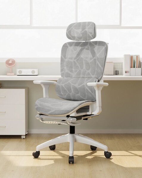 Scaun ergonomic, suport lombar dinamic, tetieră 3D, cotiere 3D, umeras, suport picioare, pivotant, Mesh, Alb/Gri