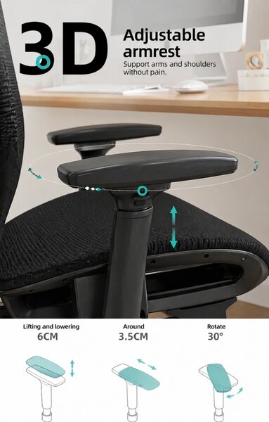 Scaun ergonomic, suport lombar dinamic, tetieră 3D, cotiere 3D, umeras, suport picioare, Mesh, Negru