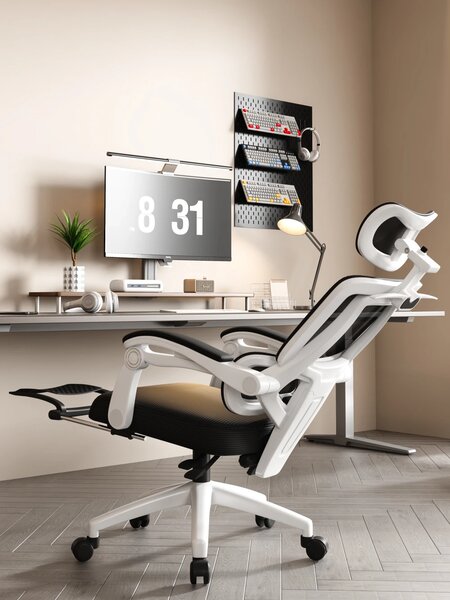 Scaun ergonomic cu suport lombar, tetieră reglabilă 3D, suport pentru picioare, Mesh, Alb/Negru