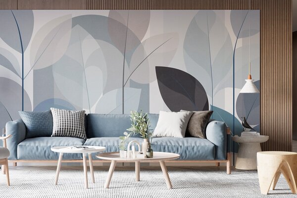 Tapet un model abstract cu frunze, realizat într-un stil de țesătură mată, în nuanțe de albastru, Imagini de fundal unice, w05986v2 : Uwalls.ro