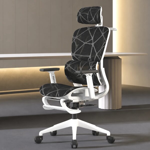 Scaun ergonomic, functie translatie sezut, cotiere reglabile 3D, tetiera 3D, suport lombar 3D Adaptive, pivotant, suport picioare, Alb/Negru