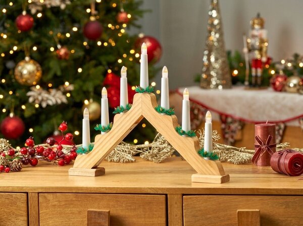 Suport pentru lumanari de Craciun de fereastra HOLLY NIGHT din lemn 7 LED, alb