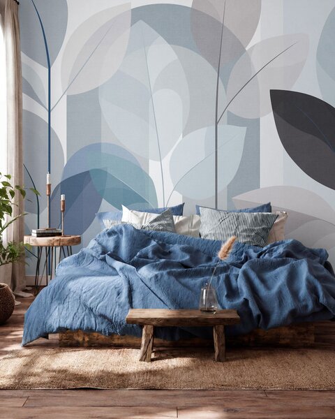 Tapet un model abstract cu frunze, realizat într-un stil de țesătură mată, în nuanțe de albastru, Imagini de fundal unice, w05986v2 : Uwalls.ro