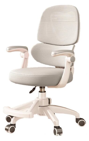 ErgoKids Flexi 608 – Scaun Ergonomic pentru Copii Reglabil, Spatar Dublu cu Suport Lombar, Cotiere Rabatabile, Suport pentru Picioare, Alb/Gri