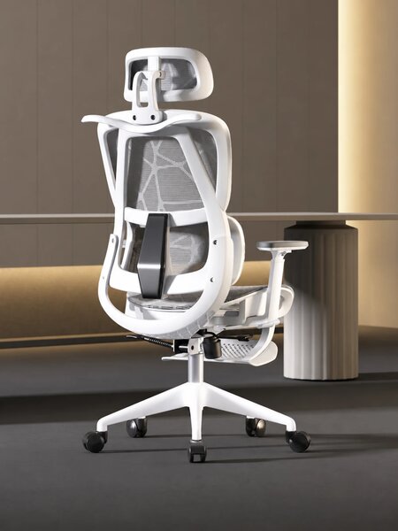 Scaun ergonomic, functie translatie sezut, cotiere reglabile 3D, tetiera 3D, suport lombar 3D Adaptive, pivotant, suport picioare, Alb/Gri