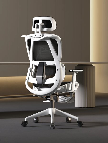Scaun ergonomic, functie translatie sezut, cotiere reglabile 3D, tetiera 3D, suport lombar 3D Adaptive, pivotant, suport picioare, Alb/Negru