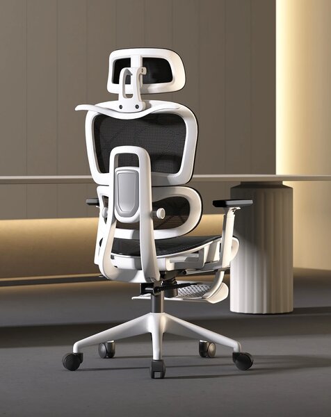 VÉRION PRO MESH – Scaun ergonomic, functie translatie sezut, cotiere reglabile 3D, tetiera 3D, suport lombar reglabil, spătar reglabil inaltime, pivotant, suport picioare, Alb/Negru
