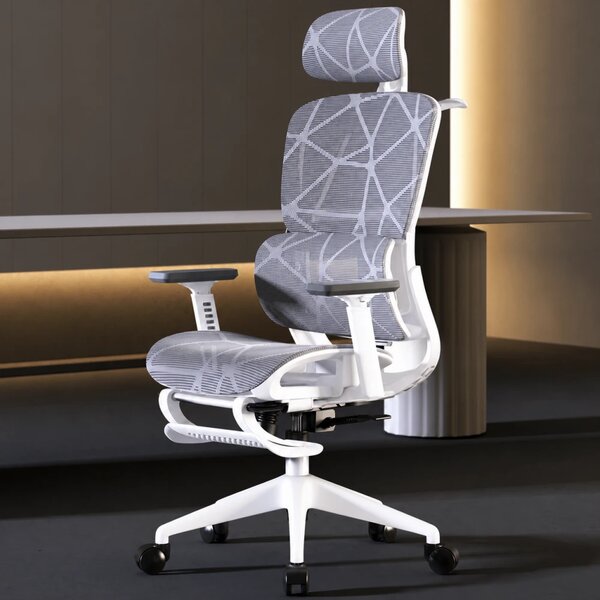 Scaun ergonomic, functie translatie sezut, cotiere reglabile 3D, tetiera 3D, suport lombar 3D Adaptive, pivotant, suport picioare, Alb/Gri