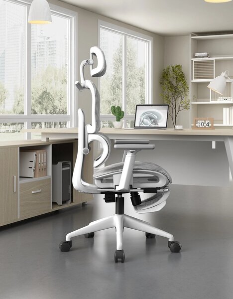 VÉRION PRO MESH – Scaun ergonomic, functie translatie sezut, cotiere reglabile 3D, tetiera 3D, suport lombar reglabil, spătar reglabil inaltime, pivotant, suport picioare, Alb/Gri
