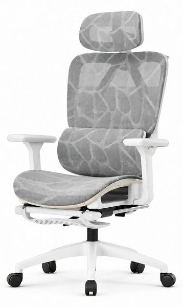 Scaun ergonomic, suport lombar dinamic, tetieră 3D, cotiere 3D, umeras, suport picioare, pivotant, Mesh, Alb/Gri
