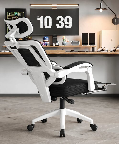 Scaun ergonomic cu suport lombar, tetieră reglabilă 3D, suport pentru picioare, Mesh, Alb/Negru