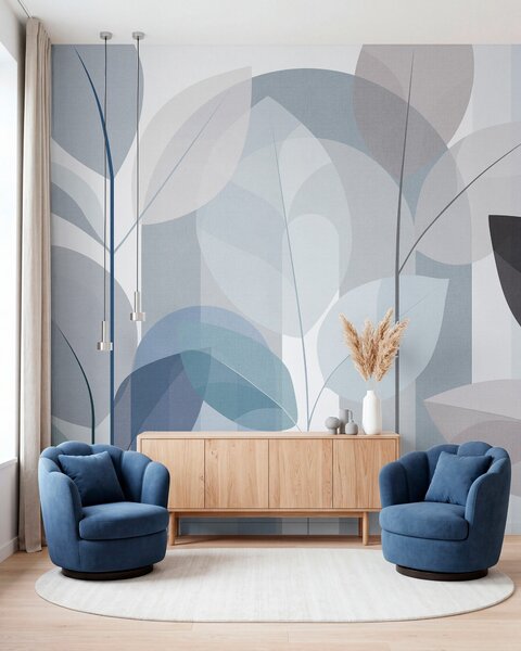 Tapet un model abstract cu frunze, realizat într-un stil de țesătură mată, în nuanțe de albastru, Imagini de fundal unice, w05986v2 : Uwalls.ro