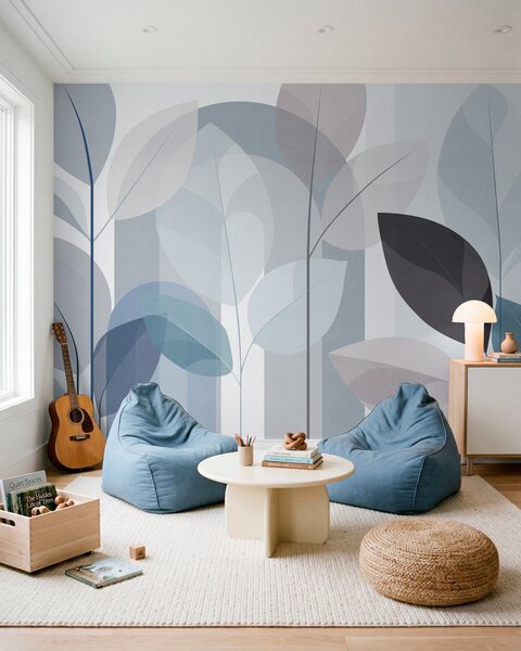 Tapet un model abstract cu frunze, realizat într-un stil de țesătură mată, în nuanțe de albastru, Imagini de fundal unice, w05986v2 : Uwalls.ro