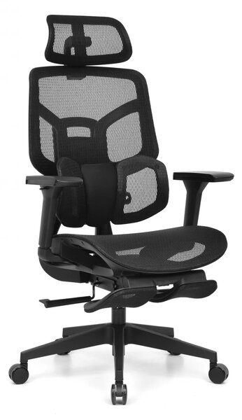 Scaun Ergonomic AirMesh Pro E399-H – Full Mesh, Suport Lombar Reglabil pe Înălțime, Cotiere 4D, Tetiera 3D, Reclinare Automată, Suport Picioare, Negru