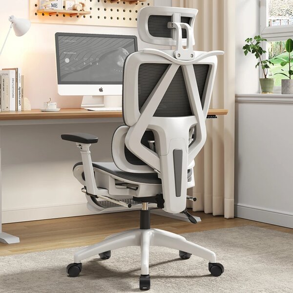 Scaun ergonomic, suport lombar dinamic, tetieră 3D, cotiere 3D, umeras, suport picioare, Mesh, Alb/Gri