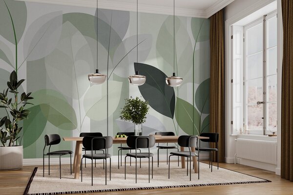 Tapet un model abstract cu frunze, realizat într-un stil de țesătură mată, în nuanțe de verde, Imagini de fundal unice, w05986v1 : Uwalls.ro