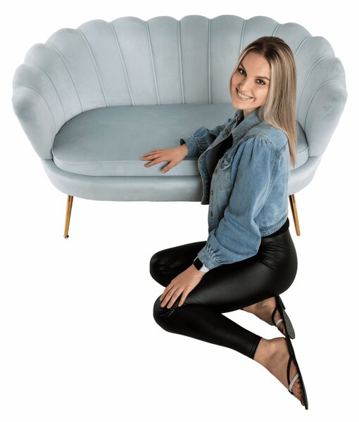 KONDELA Bancă în stil Art-deco, catifea Velvet gri-albastru/crom auriu, NOBLIN