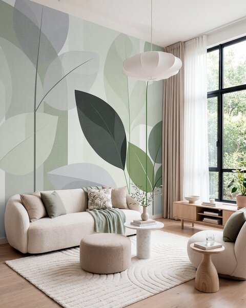 Tapet un model abstract cu frunze, realizat într-un stil de țesătură mată, în nuanțe de verde, Imagini de fundal unice, w05986v1 : Uwalls.ro